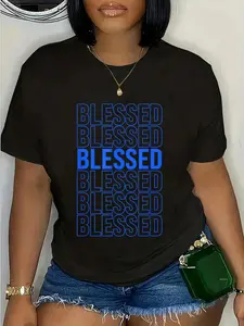100% Cotton Match Blue Color Graphic Tee Blue Blessed Royal Blue Graphic T-Shirt Christ Christian Tops