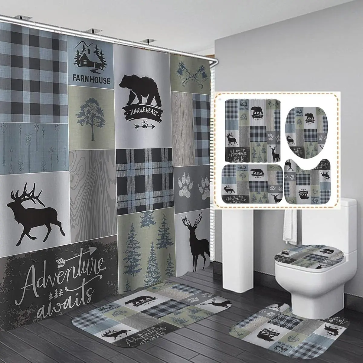 Deer Pattern Shower Curtains Set, 4 Counts/set Including Shower Curtain & Toilet Lid Cover & Bath Mat & U-shaped Mat, Bathroom Accessories, Home Goods, Shower Curtain Sets