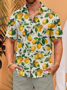 Men's Summer Hawaiian Shirt Lemon Print, Soft Skin-Friendly Material, Perfect for Vacation & Casual Wear, Limited Time Offer, Fast Shipping