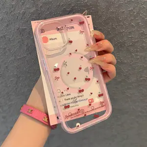 Simple bow cherry heart pattern, dopamine magnetic two-in-one transparent mobile phone case, suitable for iPhone 17 Pro Max/17 Air/ 16/15/14/13/12/11, shockproof, acrylic hard shell material, wonderful gift