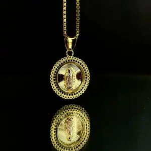 Minimalost Virgen de Guadalupe Necklace Charm 17x15mm Pendant for Womens Girls Box Link Chain 17" inches Baptism 1st Communion Confirmation Gifts Anniversary Birthday Jewelry