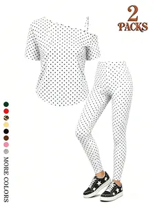 Teen Return-To-School Two-Piece Set, Asymmetrical Shoulder Short Sleeve T-Shirt, Polka Dot Tight Long Pants, Preppy Style, Multiple Colors