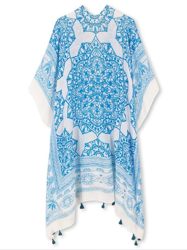 Women's Ethnic Pattern Kimono, Boho Casual Open Front Cover Up for Beach Vacation, Ladies Spring & Fall Clothes