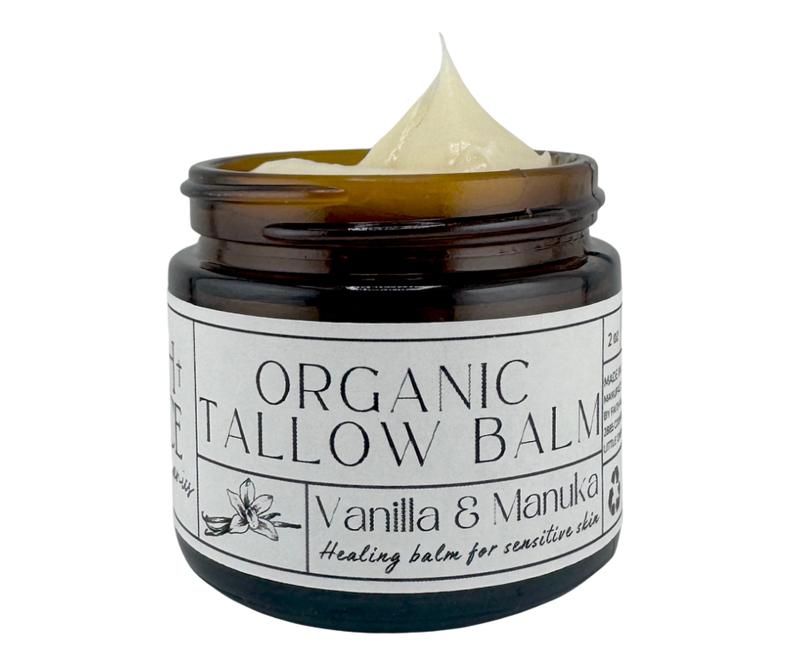 Organic Tallow balm, Vanilla and Manuka Honey All purpose moisturizer, acne prone skin facial, Eczema prone skin, Barrier cream, 2 oz Glass Jar.