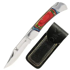 TheBoneEdge 9" Folding Knife Pakkawood Red Handle Stainless Steel Blade With Leather Sheath