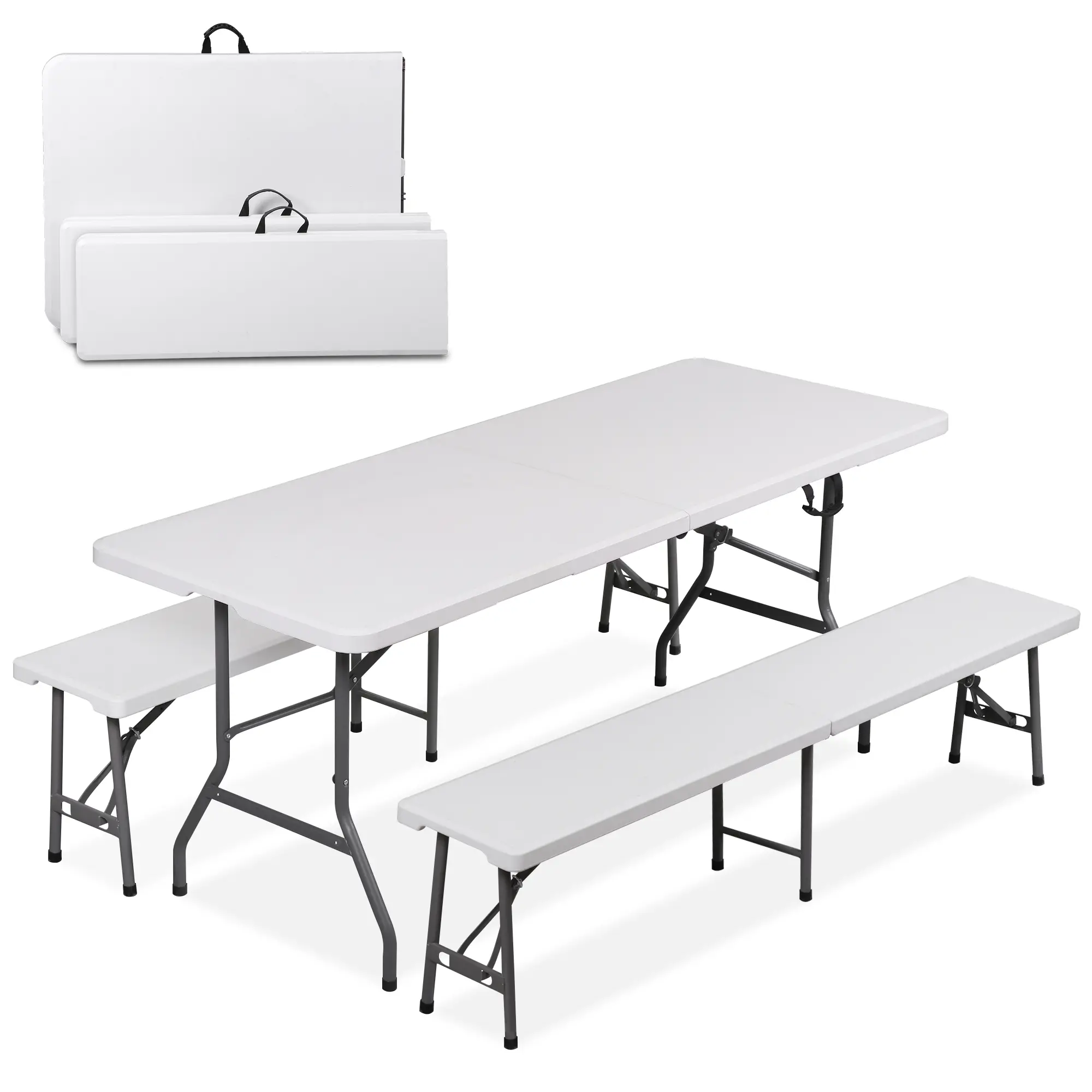 SUPERDEAL 6FT HDPE+Steel 3-Piece Folding Picnic Table Set with 2 Benches, Pre-Assembled Patio Furniture Sets with Handle & Safety Locks, Outdoor Patio Furniture for 6-8 People, White Steel Frame, Indoor-Outdoor Use,summerwins,outdoorfurnitureset