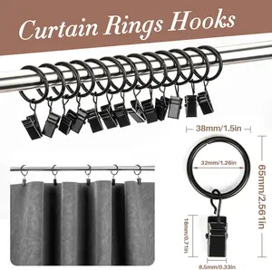 Openable Curtain Clip Rings, 1.5 Inch Black Rustproof Metal Hooks for Hassle-Free Hanging Wide range of applications