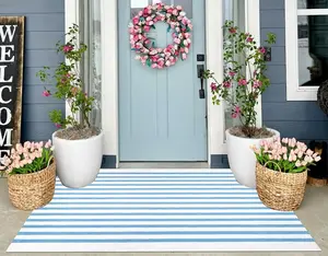 Striped Area Rug 27.5"X43",Light Blue and White Farmhouse Front Porch Rug Cotton Woven Washable Entryway Rug Indoor Outdoor Front Door Mat for Porch/Entryway/Home Entrance Decor