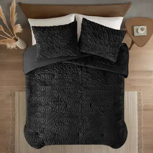 Madison Park 3pc Full/Queen Dakota Ruched Fur Down Alternative Comforter Set Black: Luxurious Soft, Hypoallergenic, Microfiber, OEKO-TEX Certified