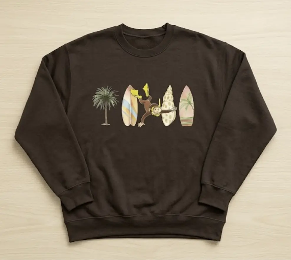 Monkey Surfing Summer Graphic Sweatshirt, Animal Tee, Unisex T-shirt, Gift T-shirt, Y2k Unisex Graphic Tees Gothic Grunge Emo Scene Amity Affliction Style Clothes Menswear Womenswear Streetwear d28