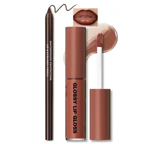 Nourishing Lip Gloss with Brown Lip Liner Lip Combo Set, Moisturizing High Shine Nude Lip Glow Oil Fresh Lightweight Glossy Plumping Lip Gloss for Women Long Wear Mini Liquid Lipstick Makeup#8