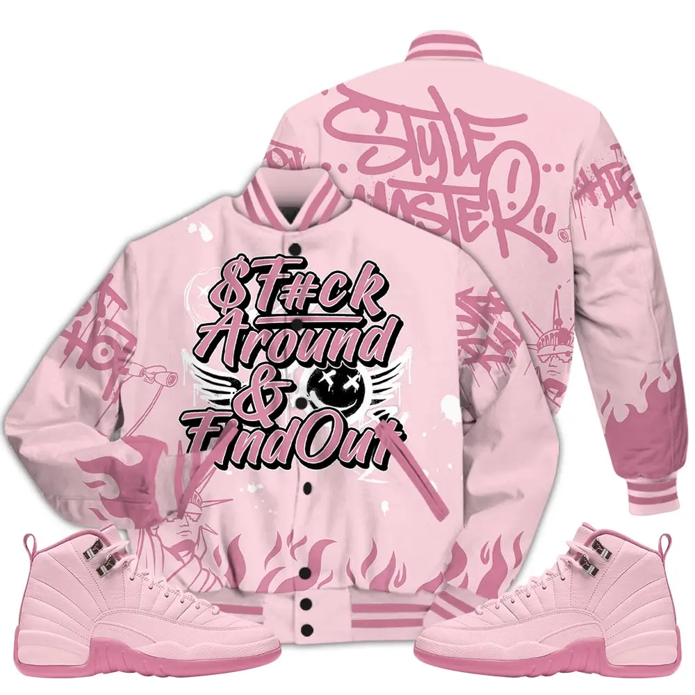 12 Pearl Pink Varsity Jacket, Pearl Pink 12s Letterman Jackets, Meme Quote Got Em T-Shirt To Match Sneaker Outfit Casual Fabric Knit Womenswear