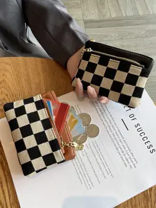 High-End Chessboard Pattern Three-Zipper Coin Purse, Women's Multi-Functional Leather Wallet, Short Key Bag, Small Storage Pouch, Three Zippered Compartments