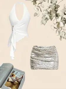 Spring Summer Plain Halter Neck Sexy Bodycon Sleeveless Top, Sparkling Rhinestone Skirt Set Outfit, Two-Piece Womenswear