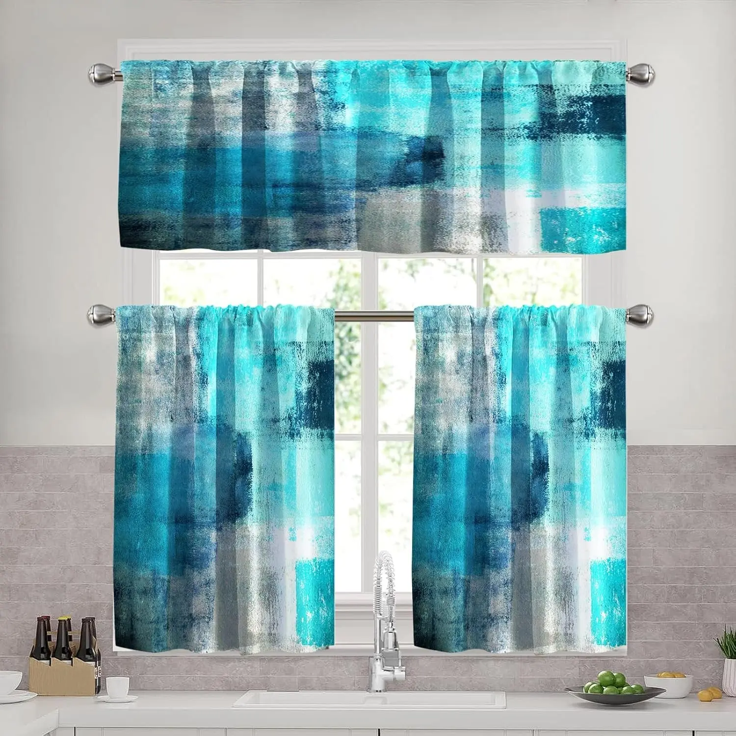 Lnond Turquoise Kitchen Curtains and Valances Set,52x36 Inch Semi-Sheer Rod Pocket Kitchen Curtain Valance and Tiers Set, 3 Pcs Abstract Art Kitchen Decor Small Cafe Curtains Bathroom Curtain