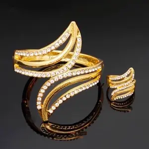 Nigerian/African Bangle and Ring Set for Weddings, Gold Plated Hand Bracelet and Finger Ring Set 2Pcs Set for Ladies Jewellery Accessories
