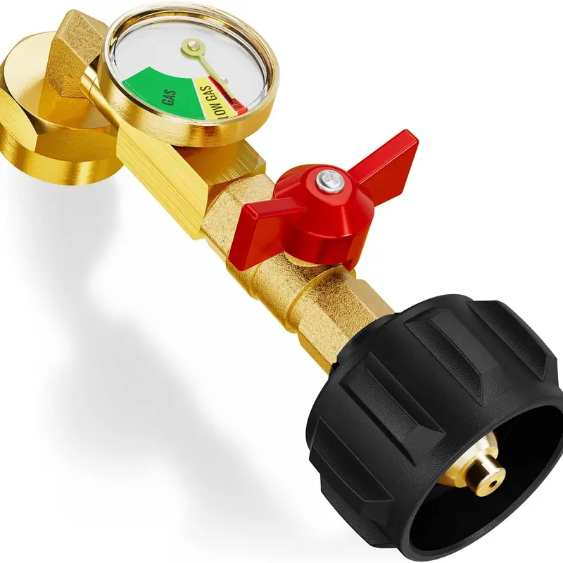 Outdoor Solid Brass Propane Refill Adapter with Valve and Gauge - Refill Easy for 1lb Disposable Bottles from 20lb Tank, Threaded for QCC1/Type1 Connectors (Tailgating Home & Party Supplies)