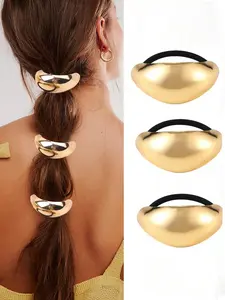 3pcs/ Elegant Metal Women's Geometric Hair Scrunchies, Luxury Style Ponytail Hair Tie Accessories, Minimalist Chic Fashion Hair Decor For Daily Casual, Glossy Knot, Rounded Top Ponytail Holder, Elastic Hair Ties For Women & Women Ponytail Holders