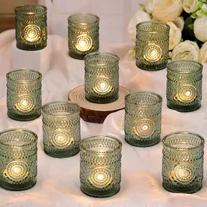 Green Votive Candle Holders Set of 36- Glass Candle Holders Bulk for Flameless LED Tea Waxes, Tea Light Candle Holder for Wedding & Home Table Decor, Vintage Parties Gifts