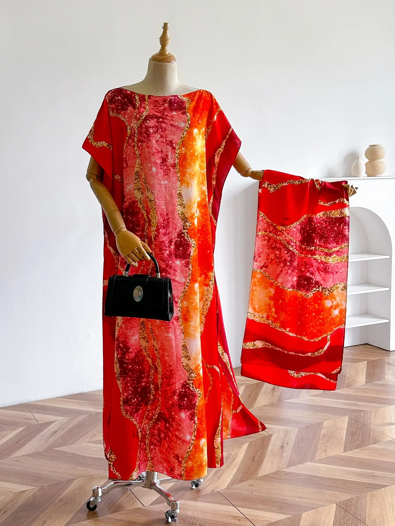 Elegant Silk Floral Print Dress Set, Long Robe & Scarf, Beach Cover-Up, Beachwear Cover Up, Summer Coverup, Swimwear Coverups, Swimsuit Cover Ups, Sun Protection, All Seasons Wear, Women's Fashion, Lightweight Fabric