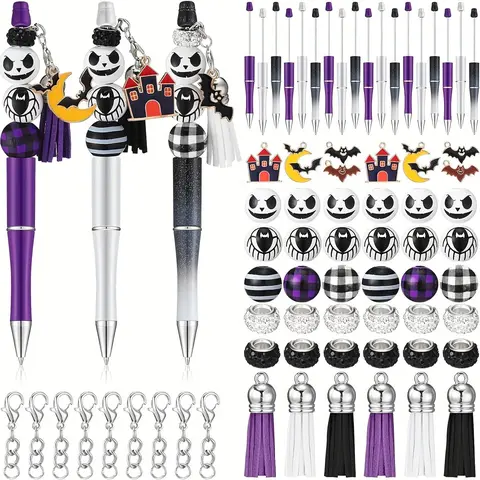 Pumpkin Head Pattern Bead Pen Set (72pcs/set), DIY Bead Pen Making Kit, DIY Jewelry Making Supplies for Holiday Party, Office Stationery & Supplies, Halloween