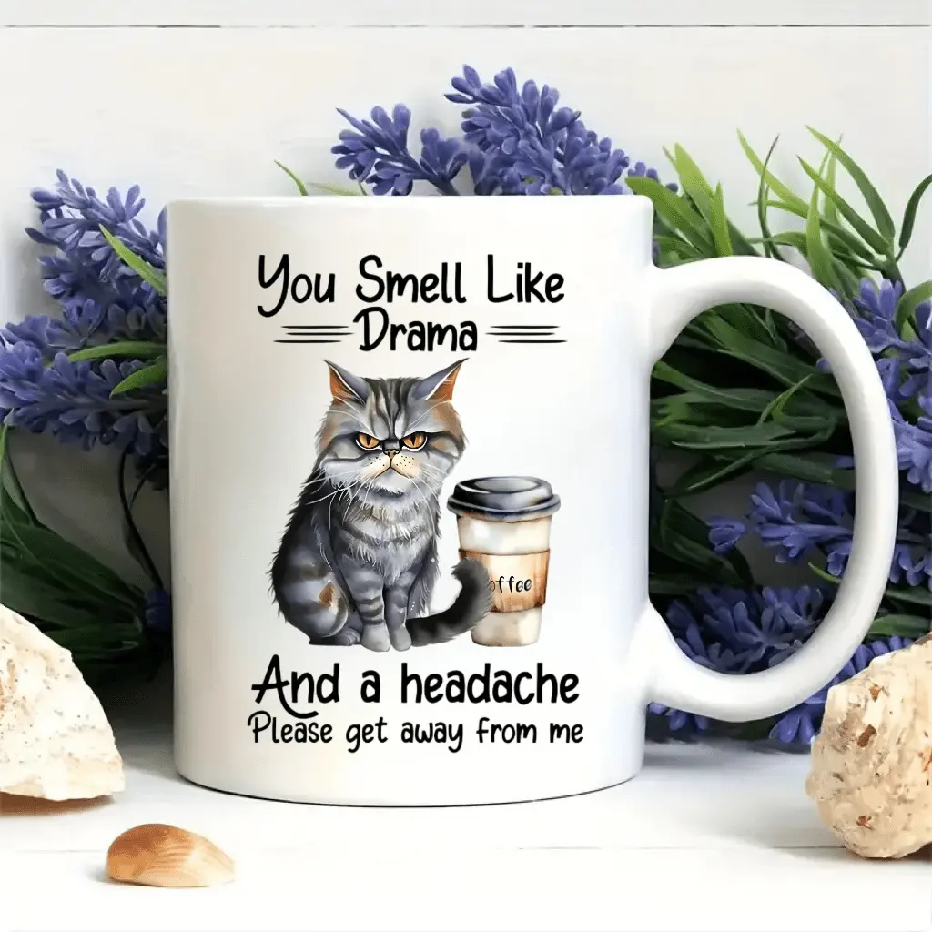 Grumpy Cat Cartoon Ceramic Mug - "You Smell Like Drama And A Headache" Funny Anti-Drama Drinkware, Ideal for Introverts, Mother’s Day, Birthday, Christmas, Coworker Appreciation Gift