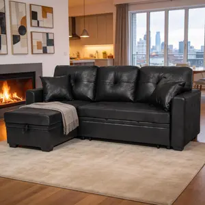 Niccae Sleeper Sofa, Sectional with Pull-Out Bed, Reversible Chaise, Storage Sectional, Black breathable fabric, Small Space Solution, Convertible Sofa Bed, Living Room Furniture, L-Shaped Sofa couch huge