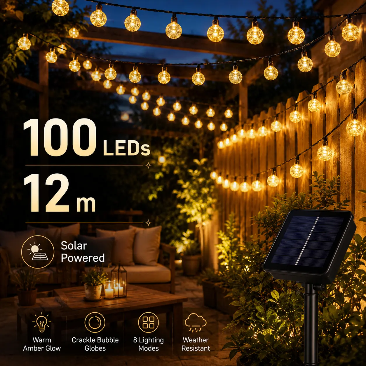 12m 100 LED Solar Crackle Globe String Lights, 8 Lighting Modes Warm Amber Fairy Lights, IP Waterproof Weatherproof Outdoor Pergola Patio Fence Backyard Hanging Lamp, Auto On Off Solar Powered Decor for Garden Wedding Christmas Holiday Party