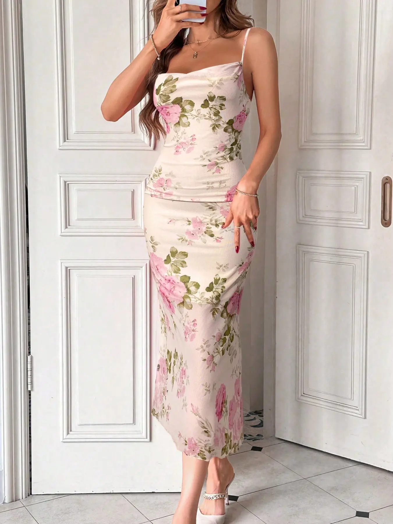Women's Floral Rose Print Halter Dress, Elegant Chic Fitted Long Dress,  Short Sleeve Woven Fabric, All over Print, Perfect for Dates - TikTok Shop