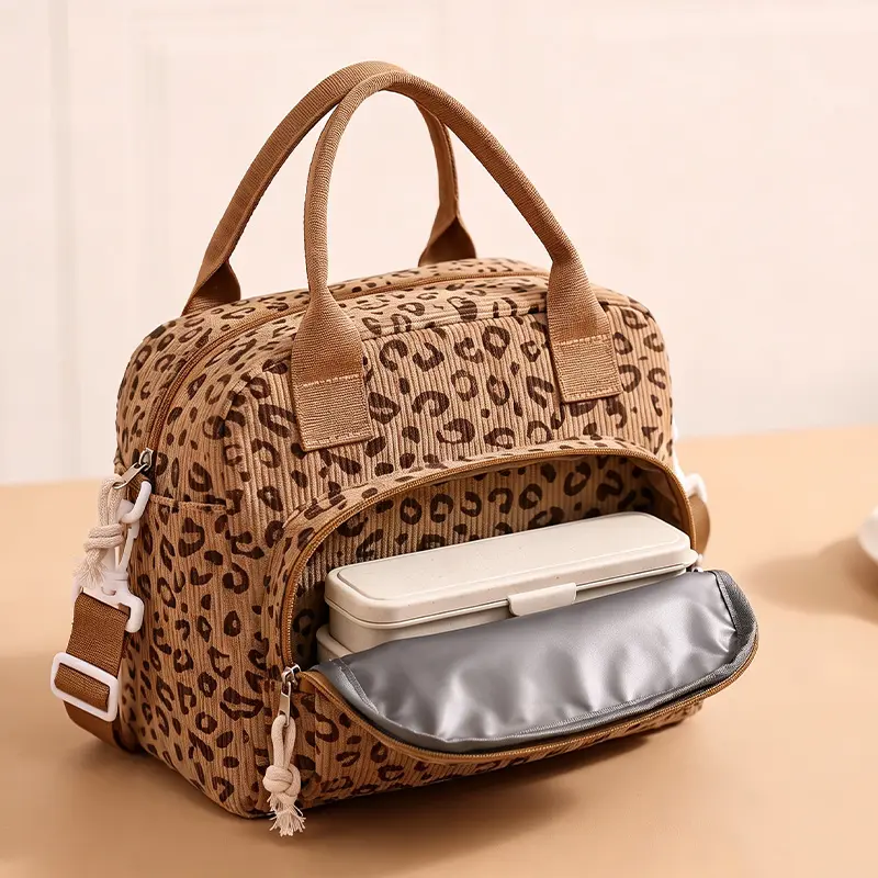 Women Trendy Leopard Corduroy Lunch Tote, Insulated Thermal Lunch Box with Removable Crossbody Strap, Reusable Portable Cooler Bag for Daily Commute