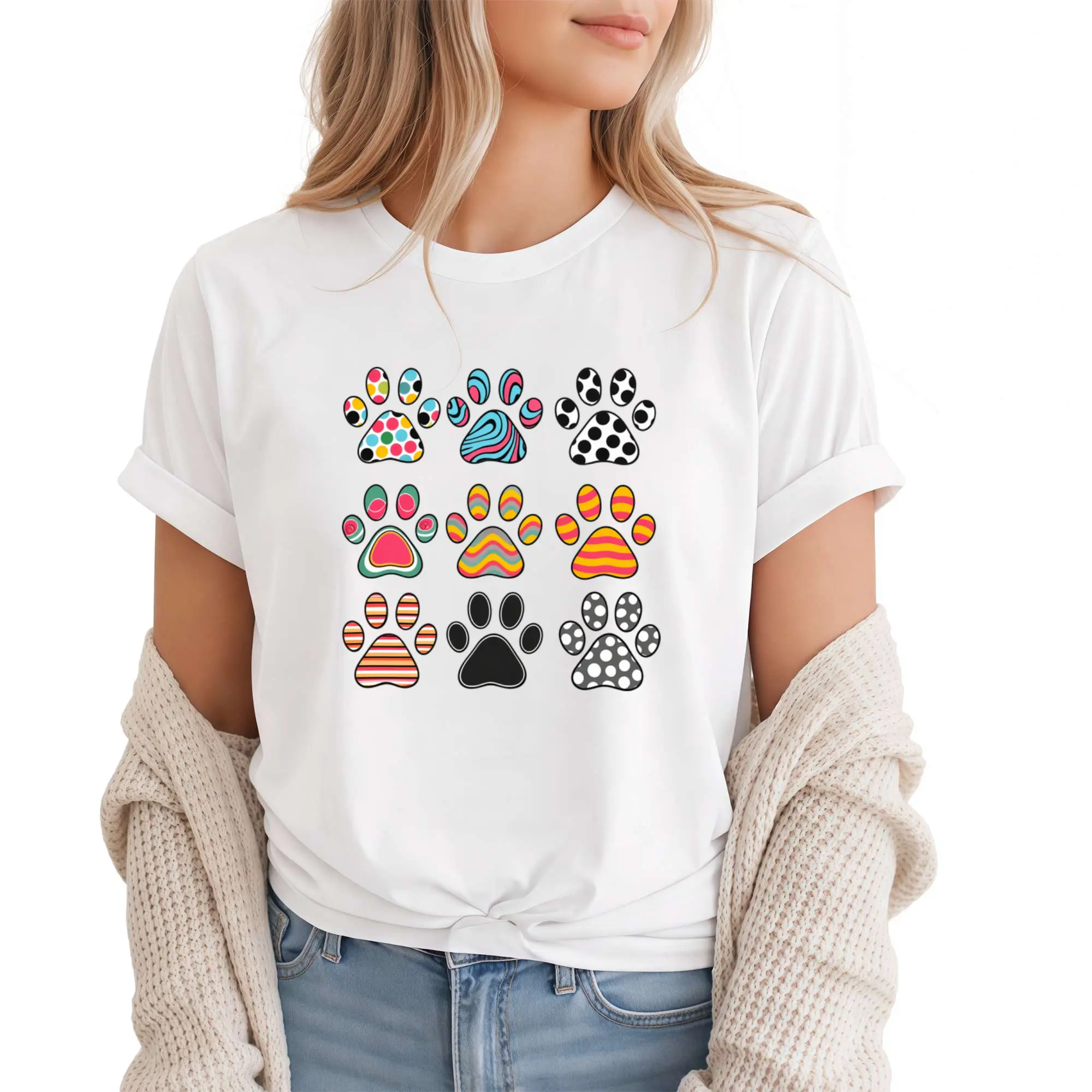 Dog Mom Shirt Women Colorful Paw Print Graphic Tee Pet Lover Top