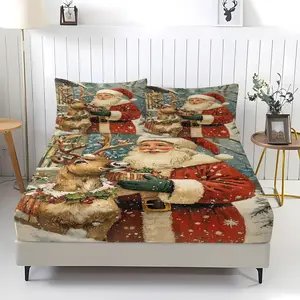 Set of 3 Santa Claus Pattern Fitted Sheets, Comfort Print Pattern, Includes 1 Flat Sheet and 2 Pillowcases, Comfortable Bedding, Anti-Slip Dust Cover for Bedroom and Guest Room, Great Gift for Kids and Adults