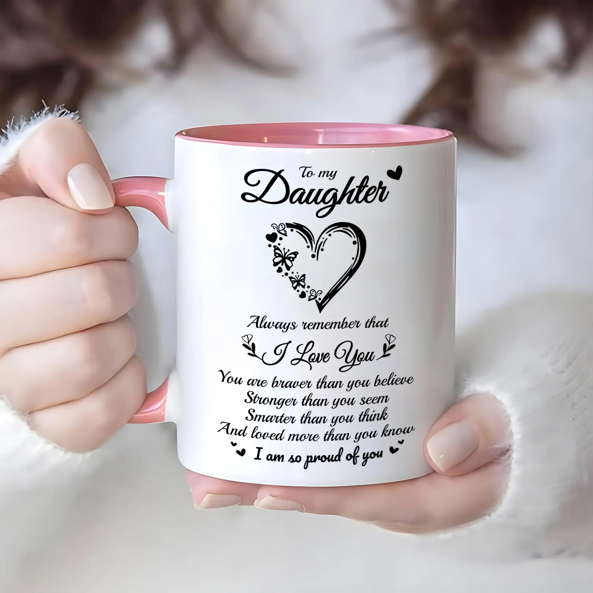 1pc 11oz Cherished Daughter Ceramic Coffee Mug-Cup - Durable, Insulated, Cozy, Rounded, Dishwasher-Washable Kitchen Drinkware with Comfort Handle - Ideal Parent Gift for Birthdays, Graduation