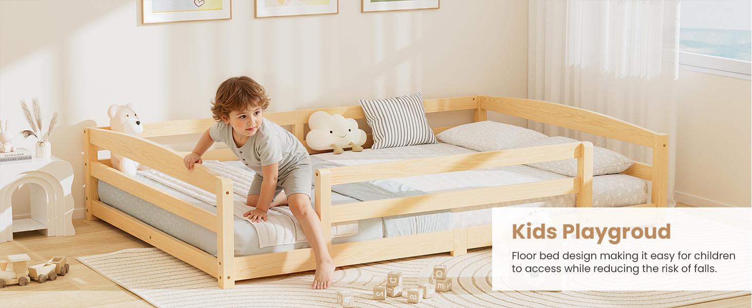 Naudacaa Twin / Full Toddler Bed with Rails, Low Montessori Floor Bed Frame for Kids w/ 2 Openings, Solid Wooden Floor Beds for Girls and Boys, CPC Certified