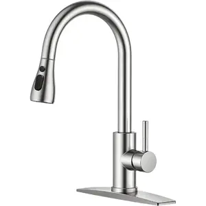 Kitchen Faucet Brushed Nickel with Pull Down Sprayer, High Arc Single Handle Kitchen Sink Faucet, Stainless Steel, 3 Mode(Stream/Spray/Pause), 360° Swivel