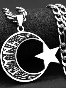 Muslim Islam Black Enamel Moon Star Stainless Steel Pendant Necklace for Women Men Gold Color Hebrew Hip Hop Chain Gift