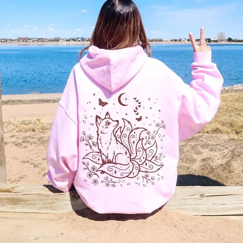 Celestial Kitsune Hoodie, 9 Tailed Fox Hoodie, Japanese Mythology Mystic Fox Cherry Blossom Hoodie