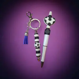Soccer-Themed Keychain & Pen Set - Heart-Shaped Soccer Ball Design, Blue Tassel, Beaded Keychain, Silver Pen