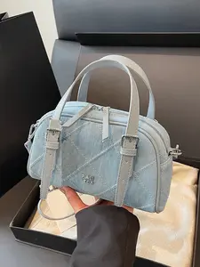 Niche design denim patchwork silver handbag, star hanging fashionable mini baguette bag, exquisite, fashionable and versatile with large capacity, suitable for students, office workers, shopping and dating, etc., Casual Patched Handbag