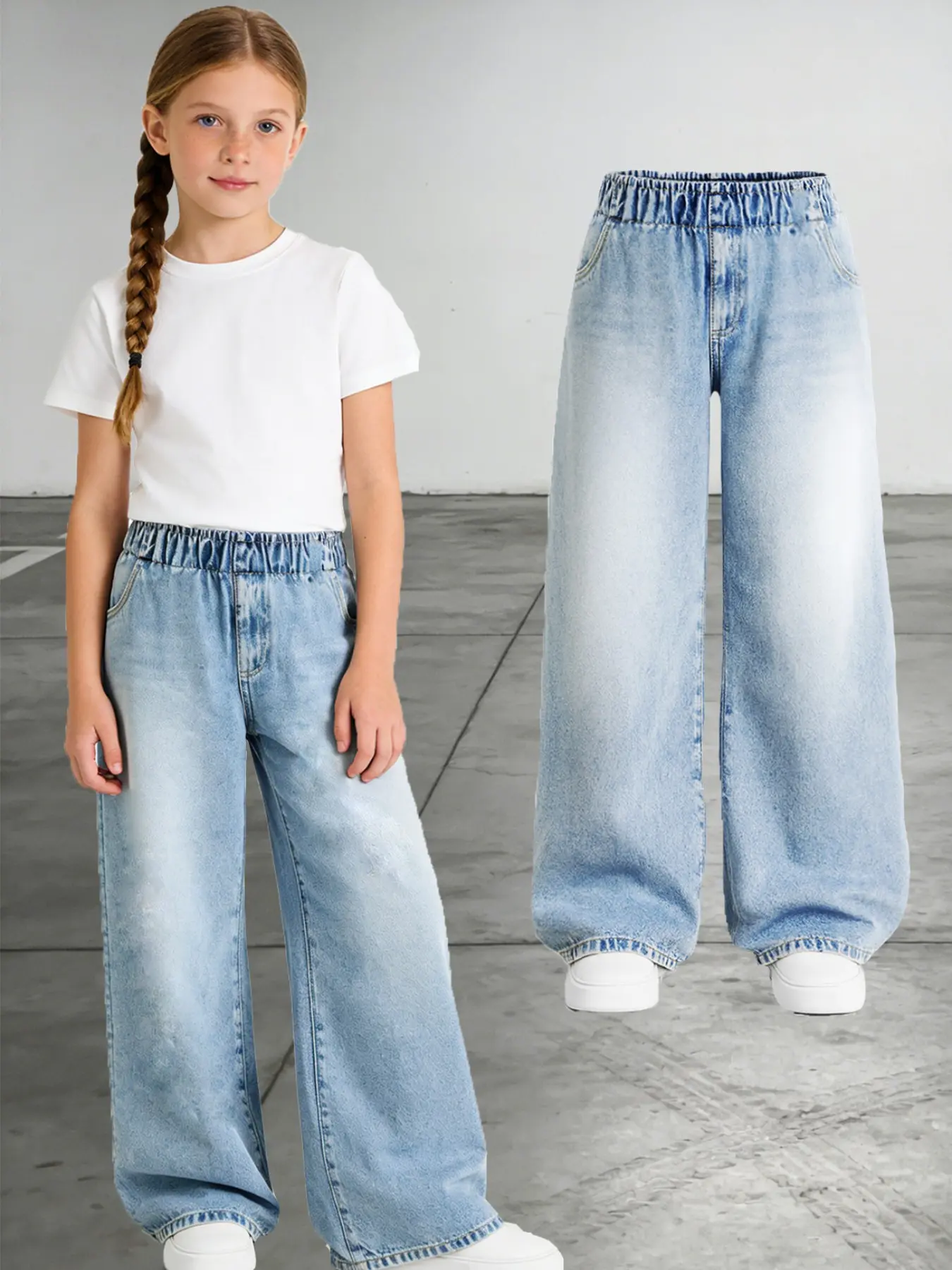 Girls' Elastic Waist Loose Jeans, Day Wear Jeans, Vintage Distressed Wide Leg Long Pants, Casual Straight Leg Trousers for Daily Wear, Ages 4-12