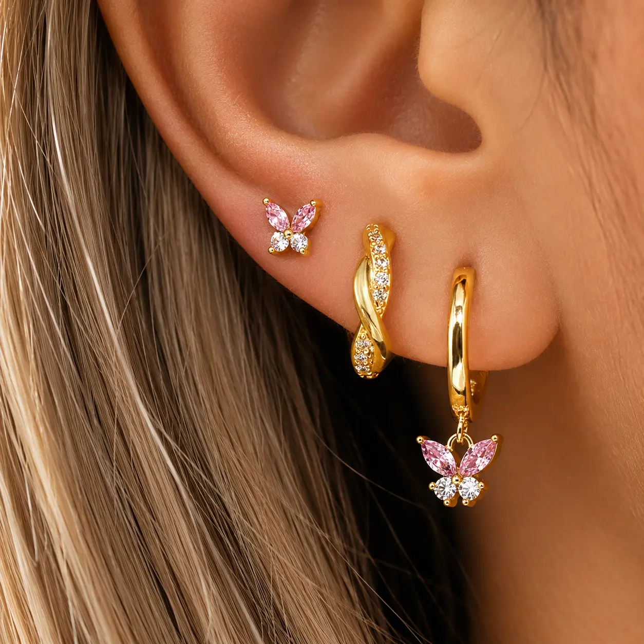 3Pcs Pink Cubic Zirconia Butterfly Ear Stack Earrings Set for Women, 14K Gold Plated Butterfly Stud, Butterfly Dangle Huggie Hoop & Twisted CZ Huggie Earrings, Hypoallergenic Multi Piercing Jewelry