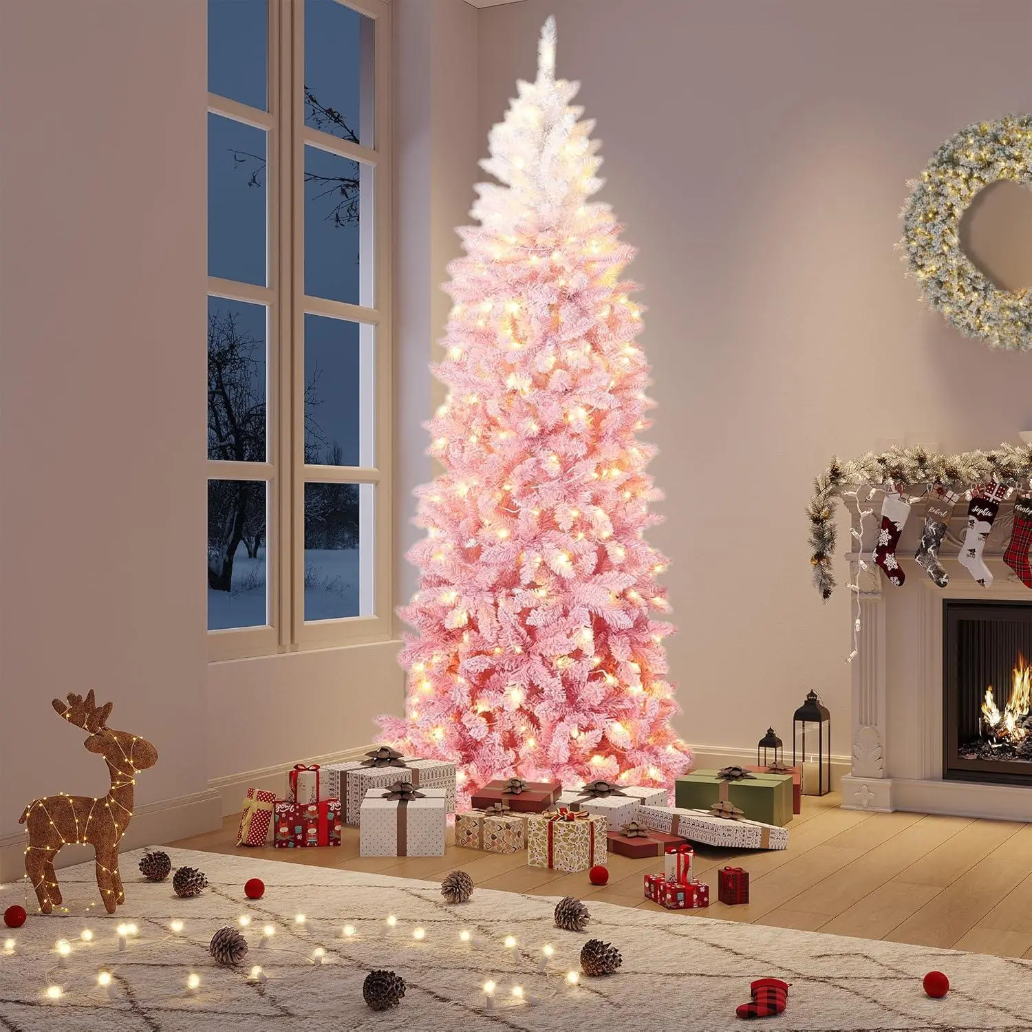 7.5 ft Prelit Artificial Christmas Tree with RGB & Warm White Lights, Pre-Lit Snow Flocked Pencil Christmas Tree, Foldable Base,Holiday Decoration for Home, Office, Party,Pink Gradient