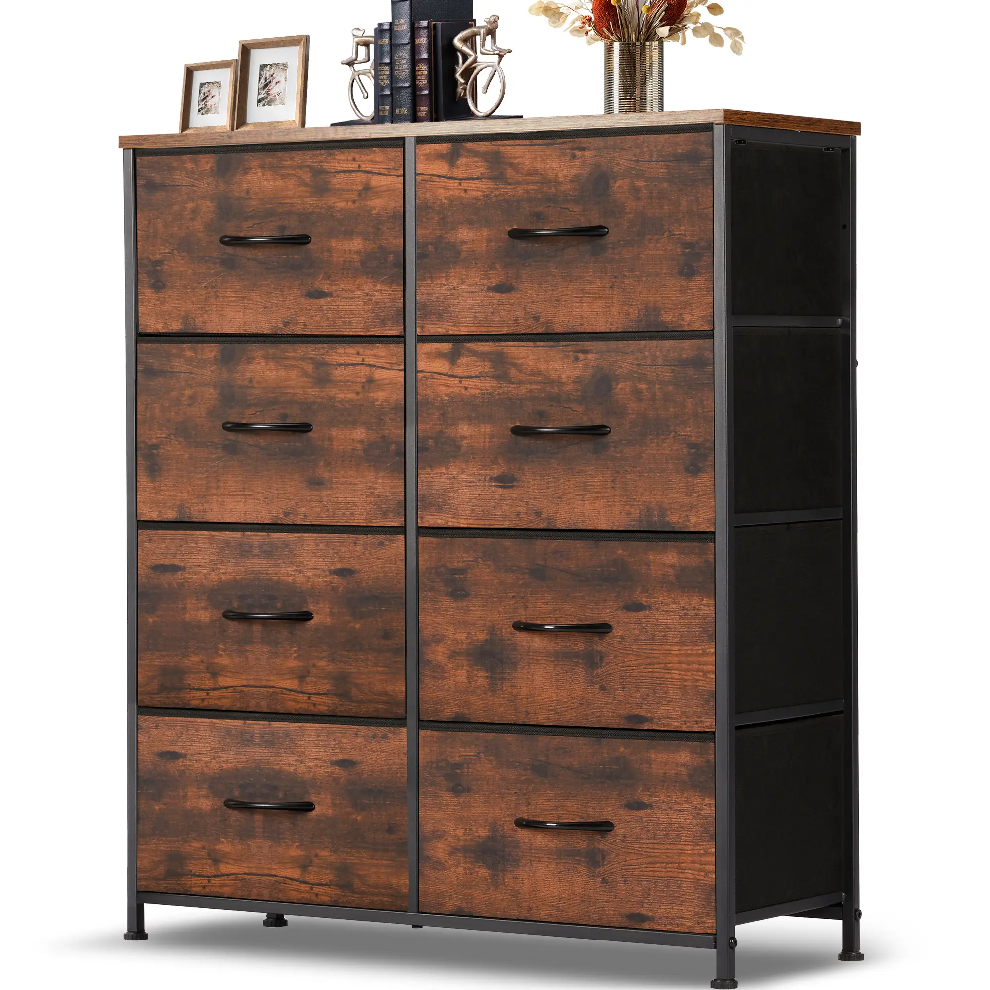 Dresser for Bedroom with 8 Fabric Drawers, Tall Chest Organizer Units with Metal Frame, Wood Table Top, Storage Tower with Closet Cabinet
