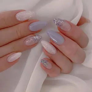 Long Almond Fake Nail, Glitter Press on Nails with Nail File & Tape, Removable Nail Art Artificial Full Cover, Women Girls DIY Manicure