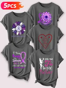 5PCS Awareness & Whimsical Themed Women's Casual Short Sleeve Crew Neck Cotton T-Shirt Set – Bestselling Graphic Print, Multicolor, Machine Washable Spring & Summer Top, Soft Skin-Friendly Fabric, Daily Versatile, Fashion Design