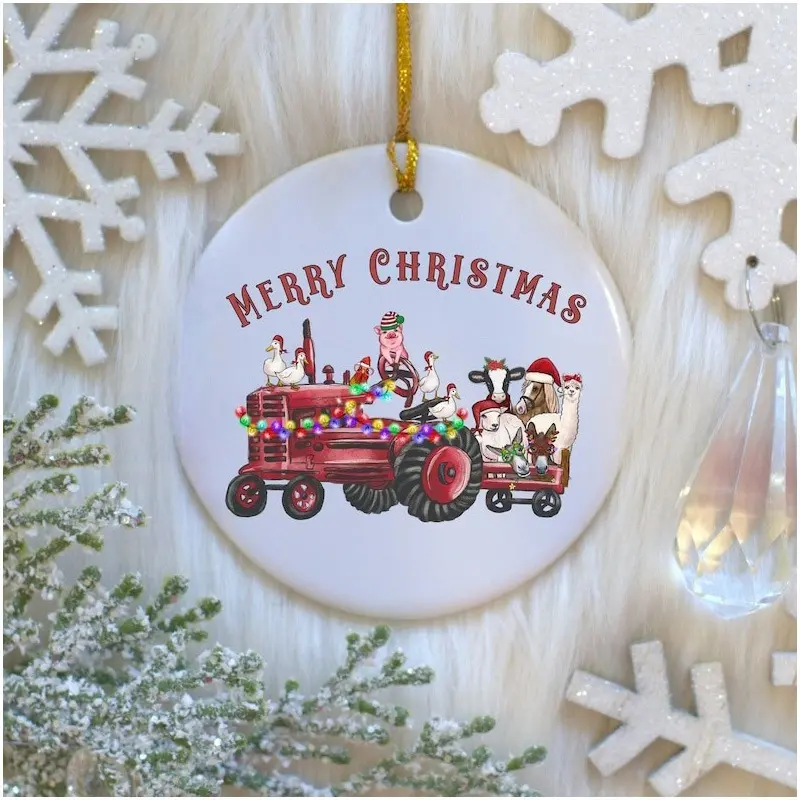 Farm Christmas Ornament, Animal Tractor Ceramic Festive Home Decor Gift