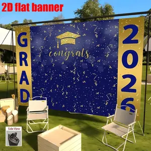 2D flat party background fabric,navy blue and gold 2026 graduation season party banner, polyester material,suitable for decorating holiday parties and graduation season parties, decoration for homes, gardens, Graduation party decorations