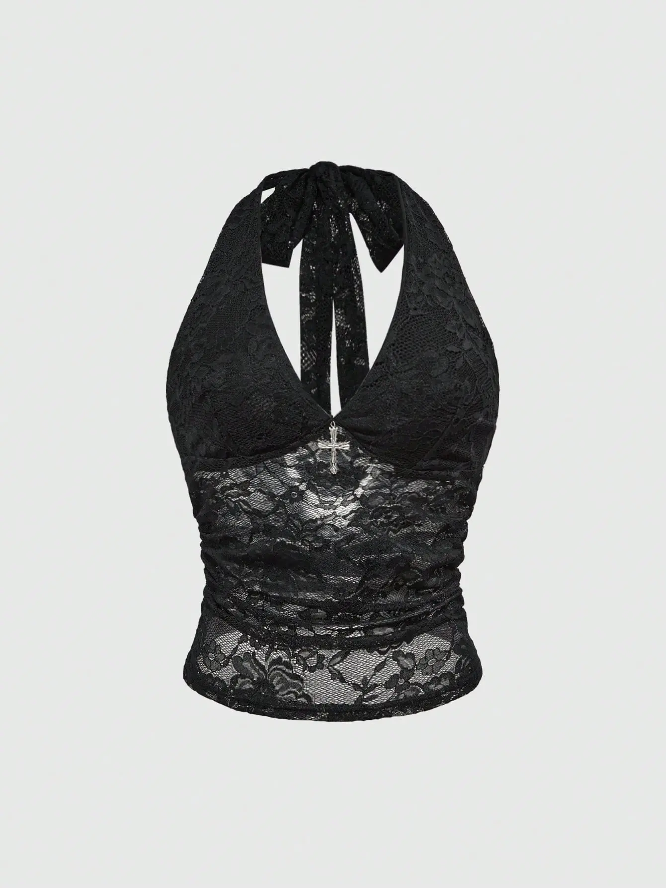 AESS Spring Summer Casual Black Gothic Cross Decor Lace Cami Top Y2K Aesthetic E Girl Grunge Streetwear Going Out Top