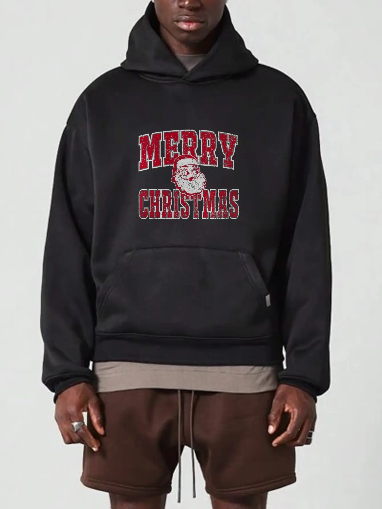 Men's Pure Cotton Casual Streetwear Hoodie - Festive Merry Christmas Santa Graphic Print, Medium Length, Winter Holiday Gift for Boyfriend