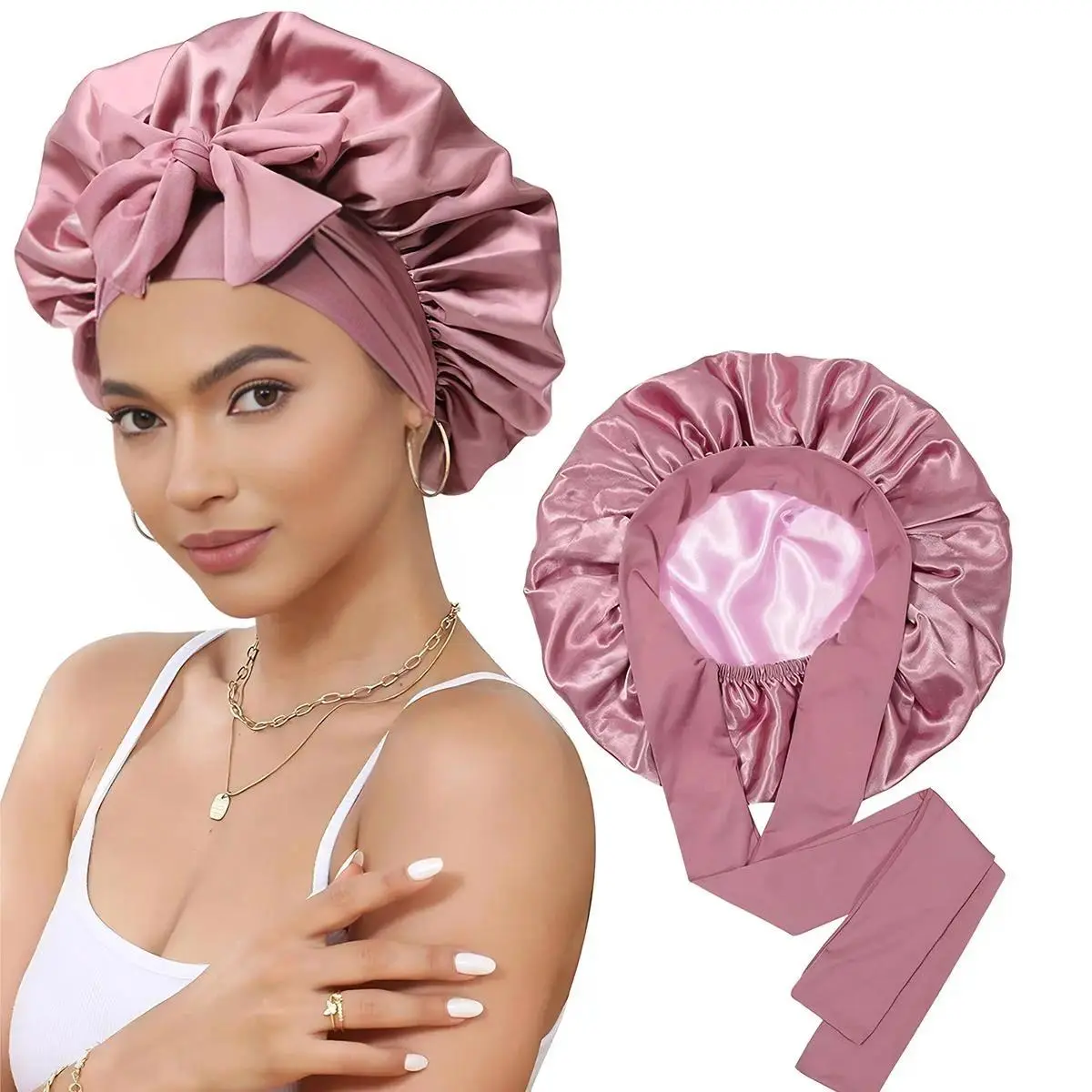 Women's Silk Hair Styling Cap - Large Double-Layer Satin Haircare Accessory with Adjustable Elastic Ties, Smooth, Frizz-Free for Curly & Long Hair, Lace-On Sleep Cap